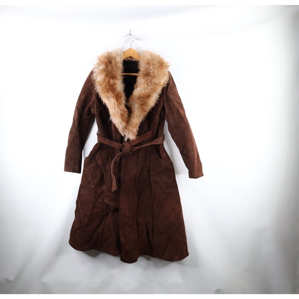 Vintage 60s Womens Large Heavyweight Shearling Lined Suede Leather Belted Jacket